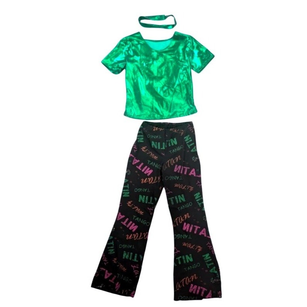 Dansco Dance Costume Kids LC Green Metallic Top Flare Pants Headband 3pc Set